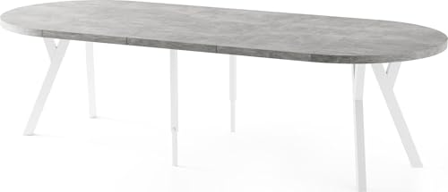 Esstisch Rund Groß XXL Ausziehbar im Loft-Stil – 100 bis 250 cm – Extra Lang Ausziehtisch mit Weißen Holzbeinen, Industrieller Tisch für 5-14 Personen – Esszimmertisch – Grauer Beton von WFL GROUP