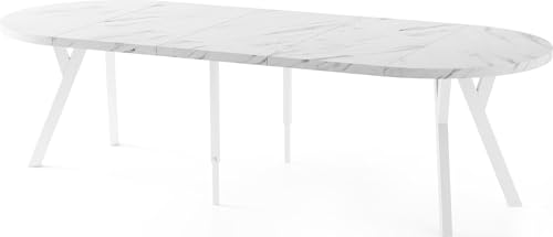 Esstisch Rund Groß XXL Ausziehbar im Loft-Stil – 100 bis 250 cm – Extra Lang Ausziehtisch mit Weißen Holzbeinen, Industrieller Tisch für 5-14 Personen – Esszimmertisch – Marmor Weiß von WFL GROUP