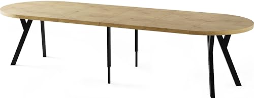 Esstisch Rund Groß XXL Ausziehbar im Loft-Stil – 100 bis 300 cm – Extra Lang Ausziehtisch mit Schwarzen Holzbeinen, Industrieller Tisch für 5-16 Personen – Esszimmertisch – Eiche Hell Braun von WFL GROUP