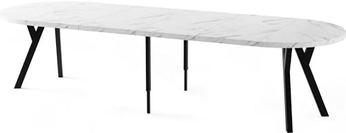 Esstisch Rund Groß XXL Ausziehbar im Loft-Stil – 100 bis 300 cm – Extra Lang Ausziehtisch mit Schwarzen Holzbeinen, Industrieller Tisch für 5-16 Personen – Esszimmertisch – Marmor Weiß von WFL GROUP