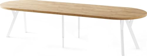Esstisch Rund Groß XXL Ausziehbar im Loft-Stil – 100 bis 300 cm – Extra Lang Ausziehtisch mit Weißen Holzbeinen, Industrieller Tisch für 5-16 Personen – Esszimmertisch – Eiche Hell Braun von WFL GROUP