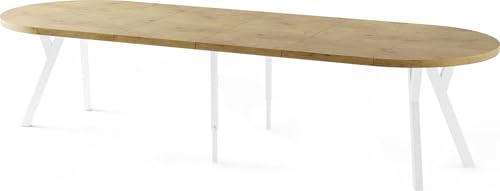 Esstisch Rund Groß XXL Ausziehbar im Loft-Stil – 100 bis 300 cm – Extra Lang Ausziehtisch mit Weißen Holzbeinen, Industrieller Tisch für 5-16 Personen – Esszimmertisch – Eiche Hell Braun von WFL GROUP