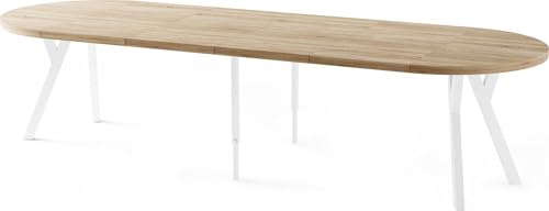 Esstisch Rund Groß XXL Ausziehbar im Loft-Stil – 100 bis 300 cm – Extra Lang Ausziehtisch mit Weißen Holzbeinen, Industrieller Tisch für 5-16 Personen – Esszimmertisch – Eiche Hell Braun von WFL GROUP