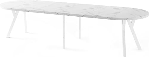 Esstisch Rund Groß XXL Ausziehbar im Loft-Stil – 100 bis 300 cm – Extra Lang Ausziehtisch mit Weißen Holzbeinen, Industrieller Tisch für 5-16 Personen – Esszimmertisch – Marmor Weiß von WFL GROUP