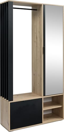 Garderoben-Set mit Spiegel & Sitzbank – Kompaktgarderobe 100 cm mit Kleiderstange, Schuhablage, Stauraum – Links oder Rechts – Flurgarderobe für Diele – Artisan Eiche/ Schwarz – Garderobenschrank Lena von WFL GROUP