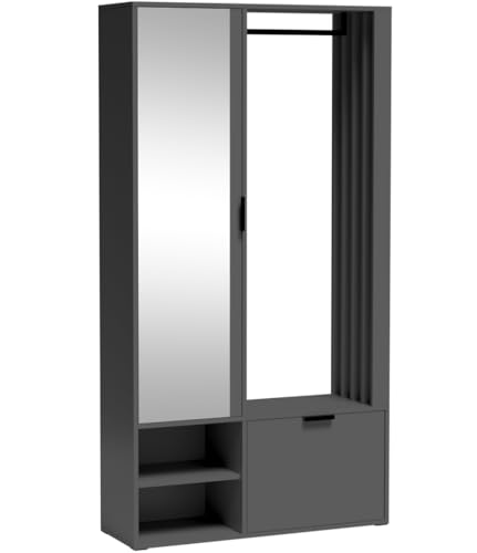 Garderoben-Set mit Spiegel & Sitzbank – Kompaktgarderobe 100 cm mit Kleiderstange, Schuhablage, Stauraum – Links oder Rechts – Flurgarderobe für Diele – Dunkelgrau – Garderobenschrank Lena Uni von WFL GROUP