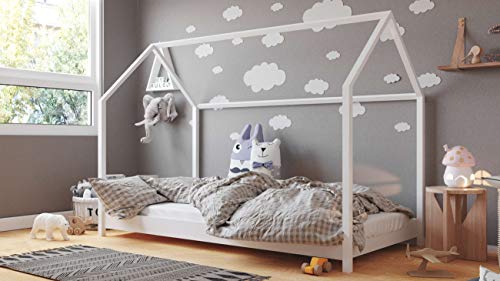 WFL GROUP Hausbett Kinderbett Haus Montessori 90x200 80x180 80x160 Kleinkindbett - Für Jungen und Mädchen - Natürliches Kiefernholz - 200x90 - Weiss von WFL GROUP