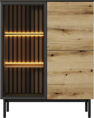 Industrial Highboard mit LED Beleuchtung – Skandinavischer Highboard mit Push to Open Türen, 100x125x39 cm – Schwarz & Eiche Evoke, Gehärtetem Glas – viel Stauraum – Lamellen & Metallfüße – HOLMRIC Industrial Highboard mit LED Beleuchtung – Skandinavischer Highboard mit Push to Open Türen, 100x125x39 cm – Schwarz & Eiche Evoke, Gehärtetem Glas – viel Stauraum – Lamellen & Metallfüße – HOLMRIC von WFL GROUP