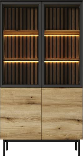 Industrial Vitrine mit viel Stauraum – Skandinavischer Vitrine mit 4 Türen, 100x180x39 cm – Schwarz & Eiche Evoke, Gehärtetem Glas – LED Beleuchtung – Push to Open – Lamellen & Metallfüße – HOLMRIC Industrial Vitrine mit viel Stauraum – Skandinavischer Vitrine mit 4 Türen, 100x180x39 cm – Schwarz & Eiche Evoke, Gehärtetem Glas – LED Beleuchtung – Push to Open – Lamellen & Metallfüße – HOLMRIC von WFL GROUP