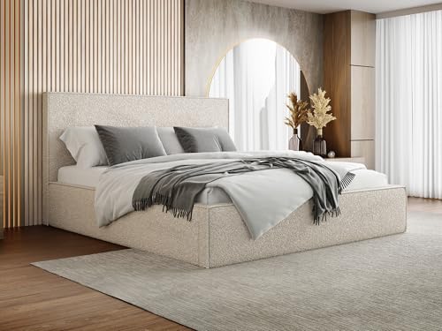 WFL GROUP Polsterbett 200x200 mit Bettkasten und Lattenrost – Creme Bett mit hohem Kopfteil, Boucle Stoff - Modernes Doppelbett mit Stauraum – Bettgestell, ohne Matratze – Terra Slim - Beige von WFL GROUP