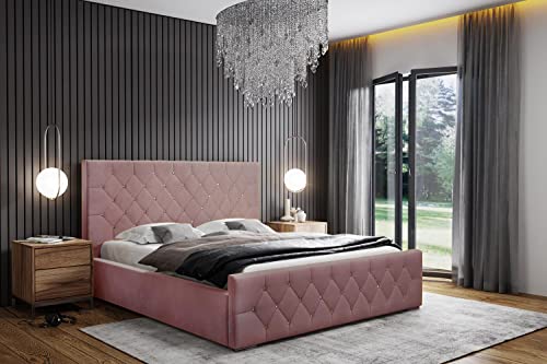 Polsterbett Doppelbett Stauraum Samtstoff 120x200 140x200 160x200 180x200 cm Bettgestell Mit Bettkasten Lattenrost und Kopfteil - Bett mit Kristallen - Hydrophobe Stoff - Rosa Samt - 140 x 200 cm von WFL GROUP