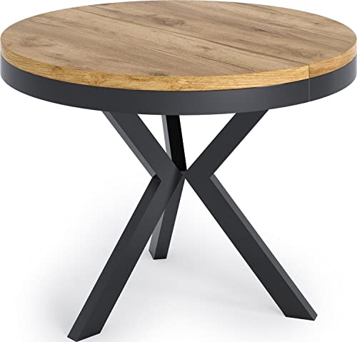WFL GROUP Runder Ausziehbarer Esstisch - Tisch im Loft-Stil mit Schwarz Metallbeinen - Industrieller Tisch für Wohnzimmer - Spacesaver - Eiche Craft - 100-140 cm von WFL GROUP