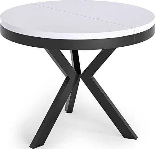 WFL GROUP Runder Ausziehbarer Esstisch - Tisch im Loft-Stil mit Schwarz Metallbeinen - Industrieller Tisch für Wohnzimmer - Spacesaver - Weiß - 100-140 cm von WFL GROUP