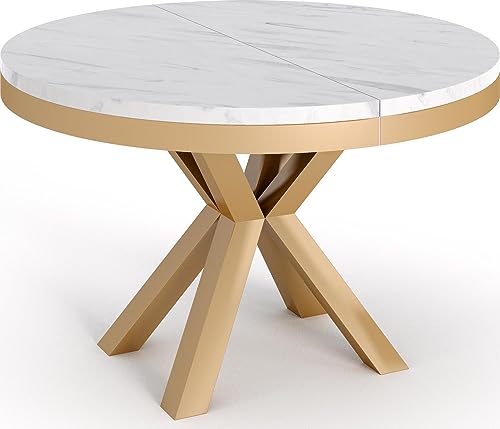 WFL GROUP Runder Ausziehbarer Esstisch - Weiß Tisch im Loft-Stil Golden mit Metallbeinen - Industrieller Tisch für Wohnzimmer - Spacesaver - Golden - Weisser Marmor - 120 cm von WFL GROUP