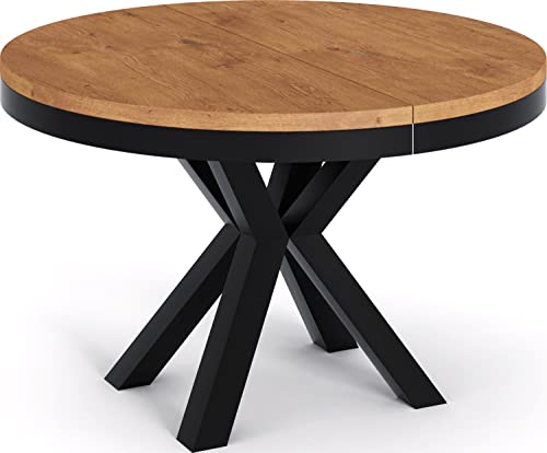 WFL GROUP Runder Ausziehbarer Esstisch - Tisch im Loft-Stil mit Metallbeinen - Industrieller Tisch für Wohnzimmer - Spacesaver - Eiche Lancelot - Schwarz - 120 cm von WFL GROUP