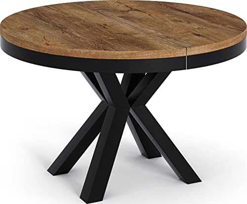 WFL GROUP Runder Ausziehbarer Esstisch im Loft-Stil - Industrieller Tisch mit Schwarzen Metallbeinen - Platzsparender Tisch für Wohnzimmer - Lefkas Eiche - 100 bis 180 cm von WFL GROUP