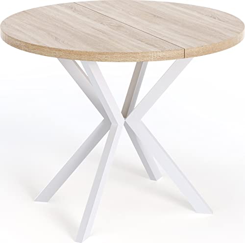 Runder Ausziehbarer Esstisch für 6-8 Personen - Loft Style Tisch mit Weiße Metallbeinen - 100 bis 180 cm - Industrieller Quadratischer Tisch für Wohnzimmer - Spacesaver - Eiche Sonoma - 100 cm von WFL GROUP