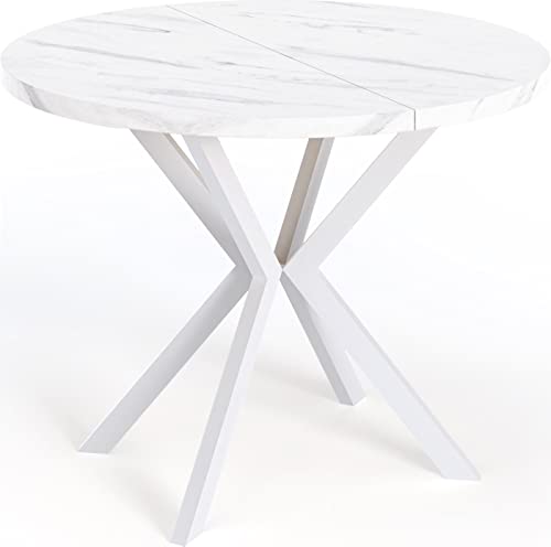 Runder Ausziehbarer Esstisch für 6-8 Personen - Loft Style Tisch mit Weiße Metallbeinen - 100 bis 180 cm - Industrieller Quadratischer Tisch für Wohnzimmer - Spacesaver - Weißer Marmor - 100 cm von WFL GROUP