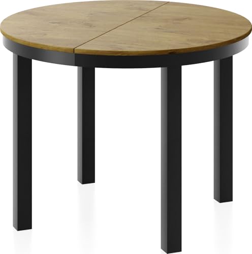 Runder Ausziehbarer Esstisch mit Schwarzem Metallgestell – Tisch mit Schwarzen Metallbeinen im Loft-Stil – Platzsparender Tisch für Wohnzimmer, Esszimmer oder Küche – Lancelot Eiche – 100 bis 180 cm von WFL GROUP