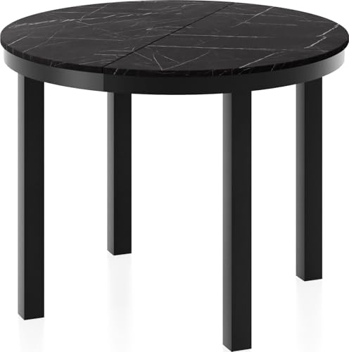Runder Ausziehbarer Esstisch mit Schwarzem Metallgestell – Tisch mit Schwarzen Metallbeinen im Loft-Stil – Platzsparender Tisch für Wohnzimmer, Esszimmer oder Küche – Schwarzer Marmor – 100 bis 180 cm von WFL GROUP