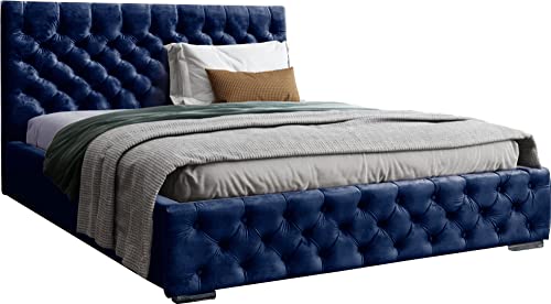Samtstoff Polsterbett Doppelbett 140x200 160x200 180x200 cm Blau Bettgestell Mit Bettkasten Lattenrost und Gestepptes Kopfteil - Hydrophobe Stoff - Chesterfield-Stil - Dunkelblau - 160 x 200 cm von WFL GROUP