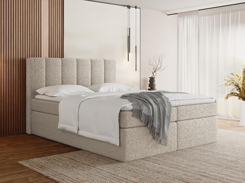 WFL GROUP Boxspringbett 120x200 mit Bettkasten, Gepolstert Doppelbett mit H3 Multipocket-Matratze, H3 Topper - Beige Stauraumbett mit hohem Kopfteil, Boucle Stoff - Amira - Creme von WFL GROUP