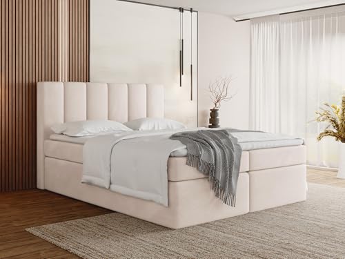 WFL GROUP Boxspringbett 120x200 mit Bettkasten, Gepolstert Doppelbett mit H3 Multipocket-Matratze, H3 Topper - Creme Stauraumbett mit hohem Kopfteil, Samt Stoff - Amira - Beige von WFL GROUP