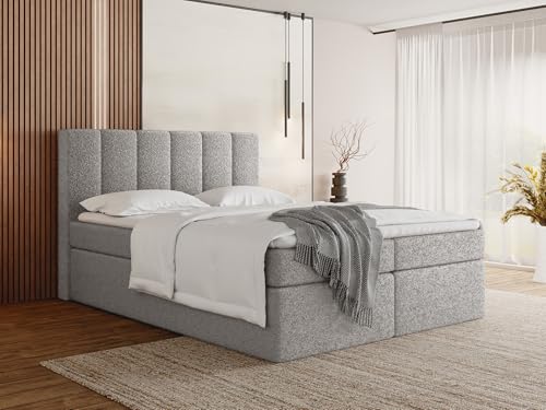 WFL GROUP Boxspringbett 140x200 mit Bettkasten, Gepolstert Doppelbett mit H3 Multipocket-Matratze, H2 Visco-Topper - Graues Stauraumbett mit hohem Kopfteil, Boucle Stoff - Amira - Grau von WFL GROUP