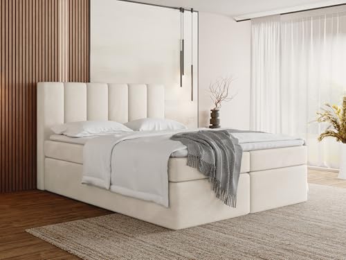 WFL GROUP Boxspringbett 160x200 mit Bettkasten, Gepolstert Doppelbett mit H3 Multipocket-Matratze, H3 Topper - Creme Stauraumbett mit hohem Kopfteil, Samt Stoff - Amira - Beige von WFL GROUP