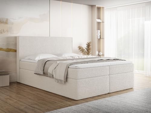 WFL GROUP Boxspringbett 160x200 mit Bettkasten, Gepolstert Doppelbett mit H3 Multipocket-Matratze, H3 Topper – Weiß Stauraumbett mit hohem Kopfteil, Boucle Stoff – Terra – Creme von WFL GROUP