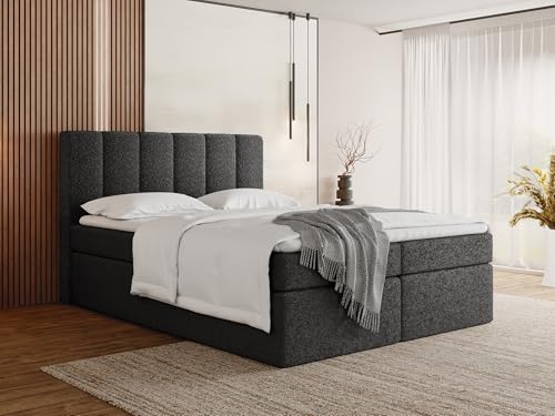 WFL GROUP Boxspringbett 180x200 mit Bettkasten, Gepolstert Doppelbett mit H3 Multipocket-Matratze, H2 Visco-Topper - Schwarzes Stauraumbett mit hohem Kopfteil, Boucle Stoff - Amira - Schwarz von WFL GROUP