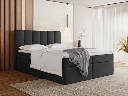 WFL GROUP Boxspringbett 180x200 mit Bettkasten, Gepolstert Doppelbett mit H3 Multipocket-Matratze, H2 Visco-Topper - Schwarzes Stauraumbett mit hohem Kopfteil, Samt Stoff - Amira - Schwarz von WFL GROUP