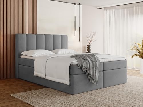 WFL GROUP Boxspringbett 200x200 mit Bettkasten, Gepolstert Doppelbett mit H3 Multipocket-Matratze, H3 Topper - Graues Stauraumbett mit hohem Kopfteil, Samt Stoff - Amira - Grau von WFL GROUP