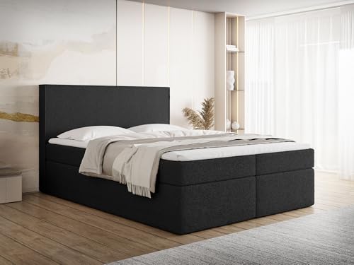 WFL GROUP Boxspringbett 200x200 mit Bettkasten, Gepolstert Doppelbett mit H3 Multipocket-Matratze, H3 Topper – Stauraumbett mit hohem Kopfteil, Boucle Stoff – Terra – Schwarz von WFL GROUP