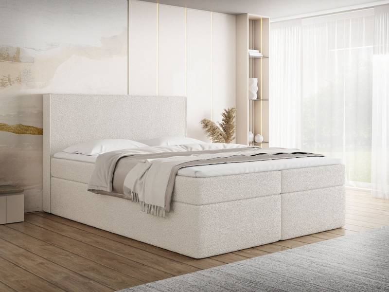 WFL GROUP Boxspringbett Terra mit Bettkasten, Gepolstert, Boucle Stoff, Made in EU (erhältlich in 120x200, 140x200, 160x200, 180x200, 200x200 cm), Doppelbett mit H3 Bonell/H4 Pocket Matratze & H3 Foam/H2 Visco-Topper von WFL GROUP