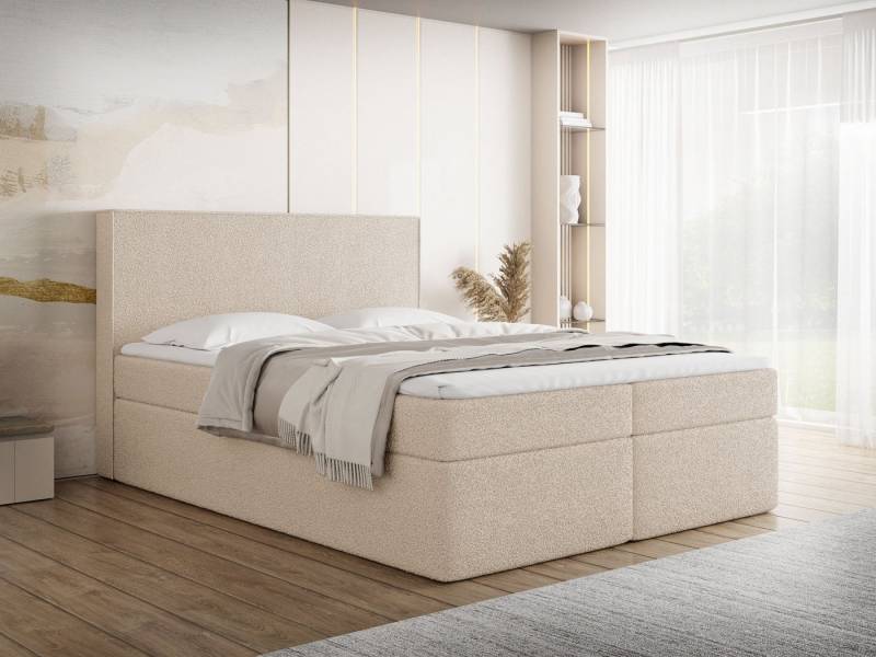 WFL GROUP Boxspringbett Terra mit Bettkasten, Gepolstert, Boucle Stoff, Made in EU (erhältlich in 120x200, 140x200, 160x200, 180x200, 200x200 cm), Doppelbett mit H3 Bonell/H4 Pocket Matratze & H3 Foam/H2 Visco-Topper von WFL GROUP