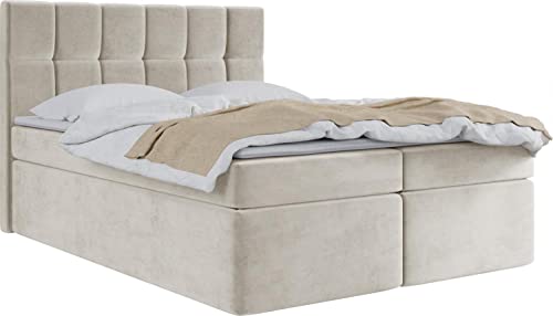 WFL GROUP Boxspringbett mit Bettkasten 120x200 140x200 160x200 180x200 200x200 Doppelbett Gepolstert Bett Mit Matratze und Topper - Stauraumbett mit Kopfteil - Beige Samt - 140 x 200 cm von WFL GROUP