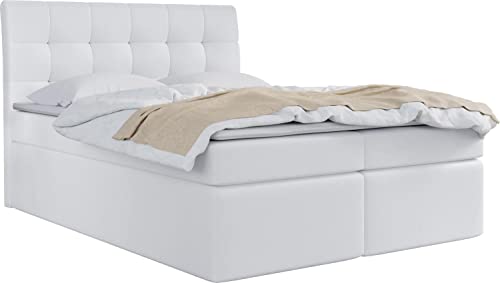 WFL GROUP Boxspringbett mit Bettkasten 120x200 140x200 160x200 180x200 200x200 Doppelbett Gepolstert Bett Mit Matratze und Topper - Stauraumbett mit Kopfteil - Weiß Kunstleder - 160 x 200 cm von WFL GROUP