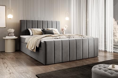 WFL GROUP Boxspringbett mit Bettkasten Avelio 140x200 160x200 180x200 – Doppelbett Gepolstert mit Matratze und Topper – Stauraumbett mit Kopfteil – Komfortbett – 180 x 200 cm – Grau von WFL GROUP