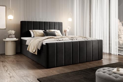 WFL GROUP Boxspringbett mit Bettkasten Avelio 140x200 160x200 180x200 – Doppelbett Gepolstert mit Matratze und Topper – Stauraumbett mit Kopfteil – Komfortbett – 180 x 200 cm – Schwarz von WFL GROUP