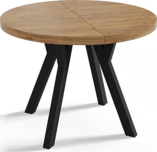 WFL GROUP Designer Runder Ausziehbarer Esstisch - Loft-Stil, Industriell, Platzsparend - Schwarze Beine - 100 bis 150 cm - für 6-8 Personen - Hergestellt in EU - Eiche Craft - 150 cm von WFL GROUP