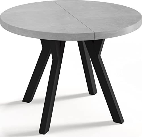WFL GROUP Designer Runder Ausziehbarer Esstisch - Loft-Stil, Industriell, Platzsparend - Schwarze Beine - 100 bis 200cm - für 5-10 Personen - Hergestellt in EU - Beton Grau - 200 cm von WFL GROUP