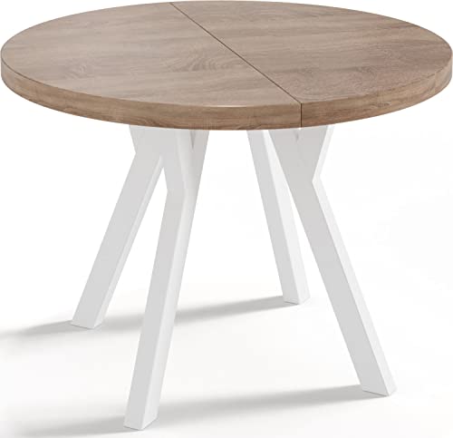 WFL GROUP Designer Runder Ausziehbarer Esstisch - Loft-Stil, Industriell, Platzsparend - Weiße Beine - 100 bis 150 cm - für 6-8 Personen - Hergestellt in EU - Eiche Sonoma - 150 cm von WFL GROUP