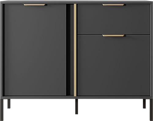 WFL GROUP Elegant Anthrazit Kommode - Modern Sideboard 100, 150, 200 cm - Skandinavisch Schrank mit goldenen Griffen - NOX Set - mit Hohe Schwarze Metallfüße - 103 x 40 cm - Kommode 2D1S von WFL GROUP