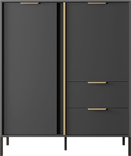 WFL GROUP Elegant Anthrazit Kommode - Modern Sideboard 100, 150, 200 cm - Skandinavisch Schrank mit goldenen Griffen - NOX Set - mit Hohe Schwarze Metallfüße - 103 x 40 cm - Kommode 2D2S von WFL GROUP