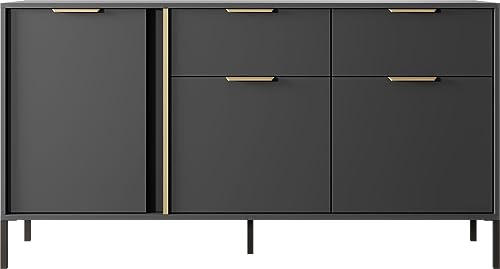 WFL GROUP Elegant Anthrazit Kommode - Modern Sideboard 100, 150, 200 cm - Skandinavisch Schrank mit goldenen Griffen - NOX Set - mit Hohe Schwarze Metallfüße - 153 x 40 cm - Kommode 3D2S von WFL GROUP