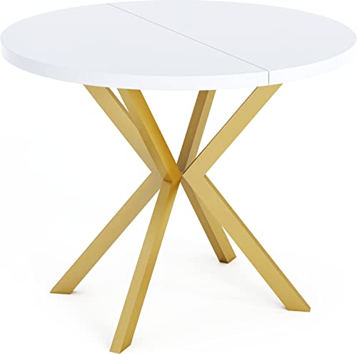 WFL GROUP Runder Ausziehbarer Esstisch - Loft Style Tisch mit Metallbeinen - 100 bis 180 cm - Industrieller Quadratischer Tisch für Wohnzimmer - Spacesaver - Weiß - Golden - 100 cm von WFL GROUP