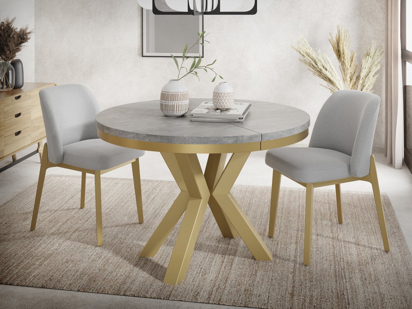 WFL GROUP Esstisch Clara Gold (erhältlich in zwei Größen – 100/120 cm, ausziehbar auf 180/200 cm), platzsparender Industrial Tisch in Holzoptik für Wohnzimmer oder Küche von WFL GROUP