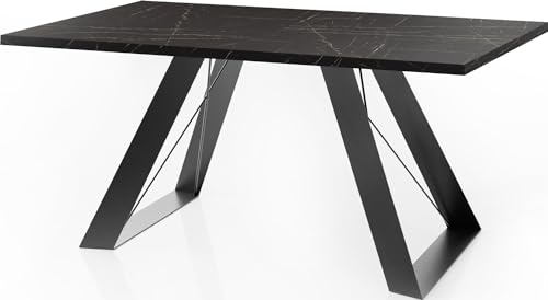 WFL GROUP Esstisch Colter im Modern Still, Rechteckig Tisch - Ausziehbar von 160 cm bis 260 cm, Pulverbeschichtete schwarzen Metallbeine - 160 x 90 cm (Schwarzes Marmor, 140 x 80 cm) von WFL GROUP