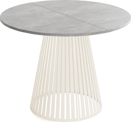 WFL GROUP Esstisch Rund Ausziehbar mit Lamellen im Loft-Stil – 100 bis 180 cm – Industrieller Tisch mit Metallbeinen in Beige Cashmere, Platzsparend für Wohnzimmer oder Esszimmer – Grauer Beton von WFL GROUP